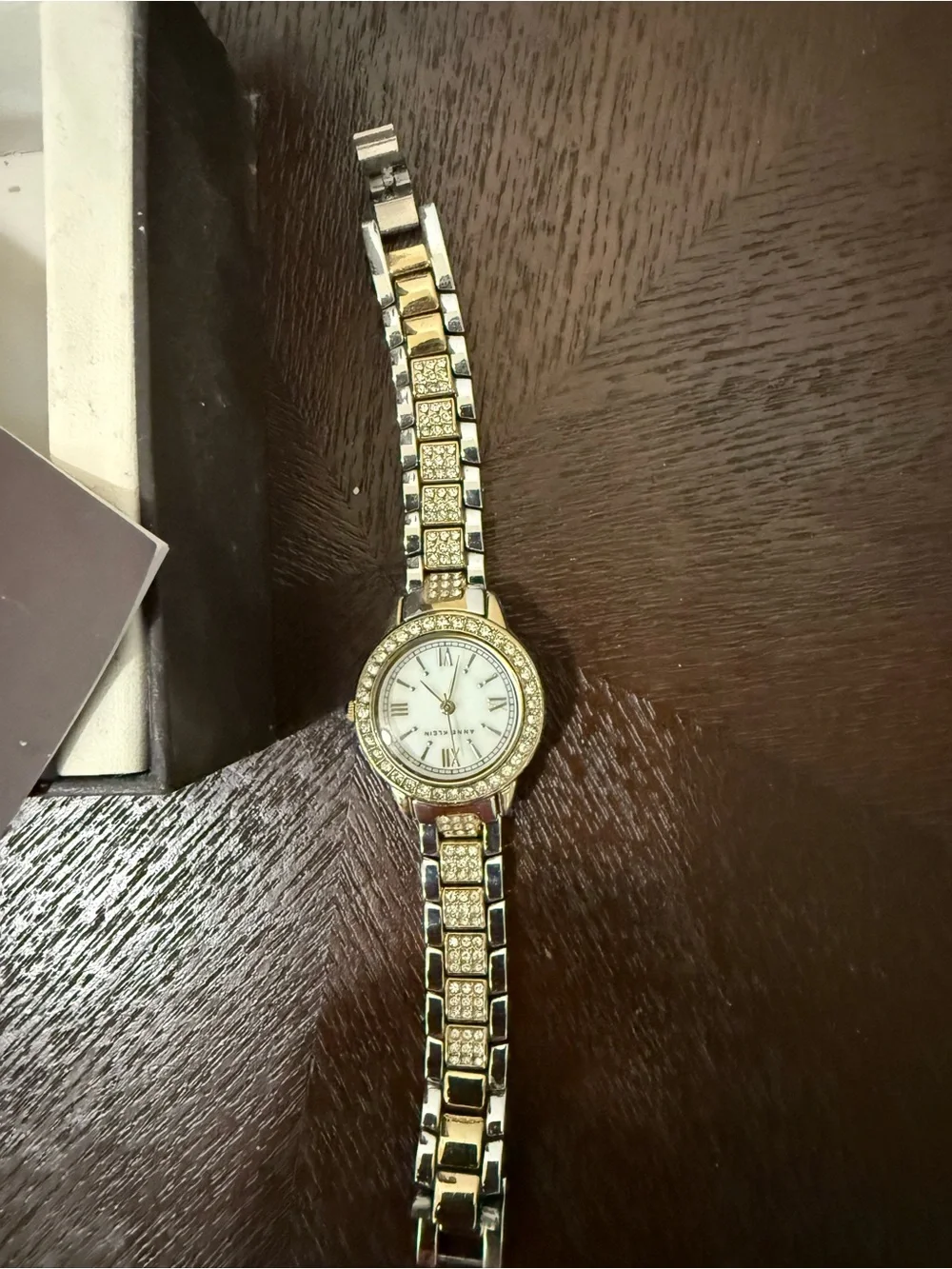 Anne Klein Two-Tone Gold and Silver Crystal-Trim Women's Bracelet Watch